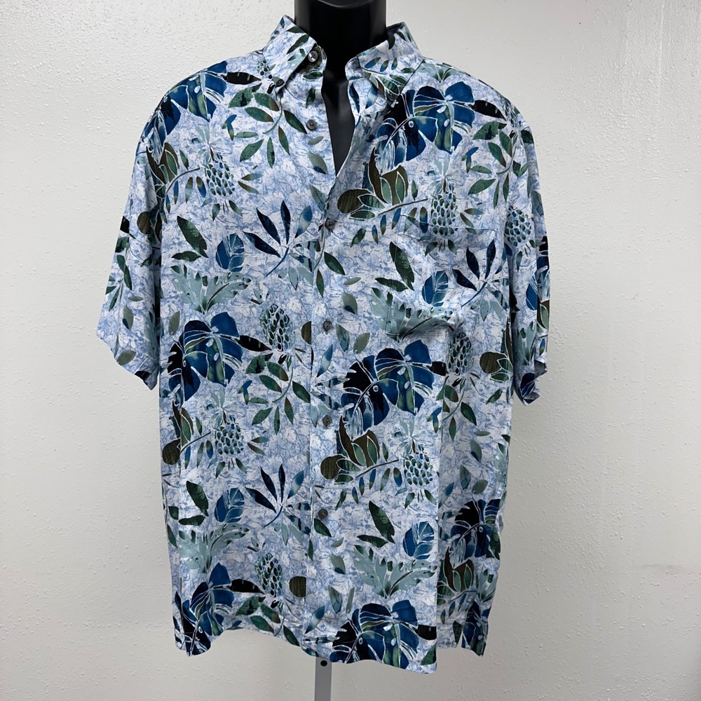 Tropical Hawaiian Shirt Leaf Print Blue Green‎  Short Sleeve Button Up Shirt